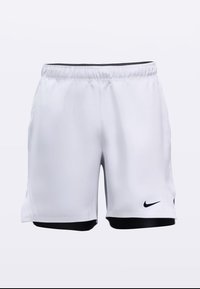 Weiße Sportshorts mit einem schwarzen Bund und einem schwarzen Nike-Logo auf der unteren linken Seite. Glattes, leichtes Material, knielanges Design.