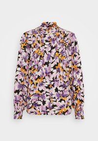 Blusa floreale nera, con colori viola, arancione e bianco. Maniche lunghe con polsini a bottoni, colletto alto e dettagli plissettati.