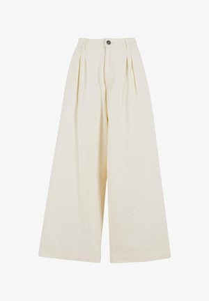 Pantalones de tiro alto de pierna ancha con pliegues, cierre de un solo botón y tejido de algodón suave. Textura lisa y longitud completa.