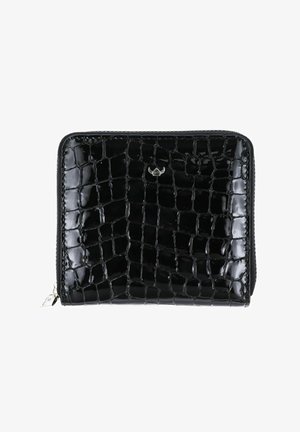 Portefeuille noir brillant à motif crocodile avec une fermeture éclair intégrale, un petit logo argenté à l'avant et un curseur de fermeture éclair en métal.