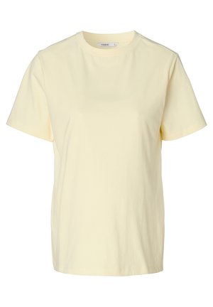 Korte mouwen gele katoenen T-shirt met een ronde hals, met een gladde textuur en een relaxte pasvorm. Eenvoudig ontwerp zonder patronen of accenten.