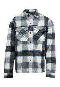 Camicia in flanella a quadri in grigio, nero e bianco con dettagli blu. Presenta due tasche sul petto e chiusure a bottoni. Morbida al tatto.