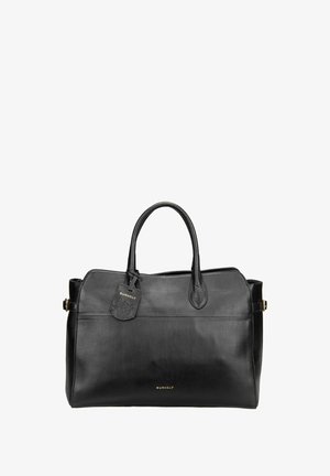 Sac à main Burkely en cuir noir avec deux poignées, une boucle latérale et une étiquette de marque attachée près du centre supérieur.