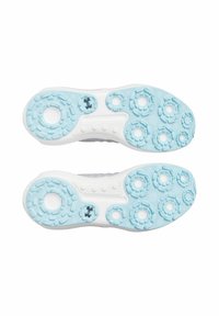 Shoe sole featuring a white base with light blue rubber traction pods, circular designs, and textured patterns for grip.
