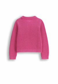 Różowy sweter dziewiarski z okrągłym dekoltem, ryflowanymi mankietami i dolnym brzegiem. Posiada strukturalny wzór ściegów, rękawy o średniej długości oraz luźny krój.