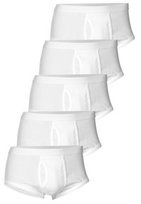 Hvide bomuldsundertøjer arrangeret i en stak, med en glat overflade, elastisk talje og en formet pose for bedre pasform.