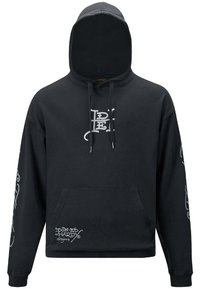 Felpa nera con cappuccio realizzata in cotone, dotata di una tasca frontale, coulisse e disegni stampati bianchi sulla parte anteriore e sulle maniche.