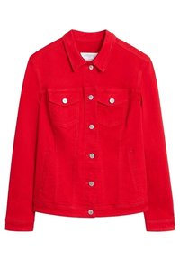 Veste en denim rouge avec boutons-pression sur le devant, deux poches poitrine à rabat avec boutons-pression, poches latérales et col classique.