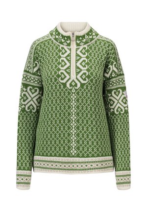 Grønn og hvit langermet ullgenser med nordiske mønstre, kvartglidelås i kragen og intrikate geometriske og hjerteformede design.