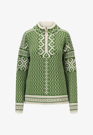Grønn og hvit langermet ullgenser med nordiske mønstre, kvartglidelås i kragen og intrikate geometriske og hjerteformede design.
