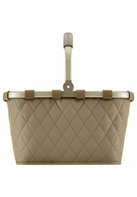 Cesta beige trapuntata con una struttura rigida, maniglia superiore per il trasporto e dettagli in tessuto. La superficie presenta un motivo a rombi.