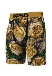 Boxer da uomo con un design vivace di rose dorate su sfondo scuro con motivi a catena. Girovita elastico giallo con logo.