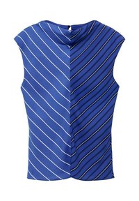Blue top featuring two sections with contrasting striped patterns, one in light blue and white stripes, the other in dark blue and navy. Smooth fabric.