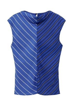 Blue top featuring two sections with contrasting striped patterns, one in light blue and white stripes, the other in dark blue and navy. Smooth fabric.