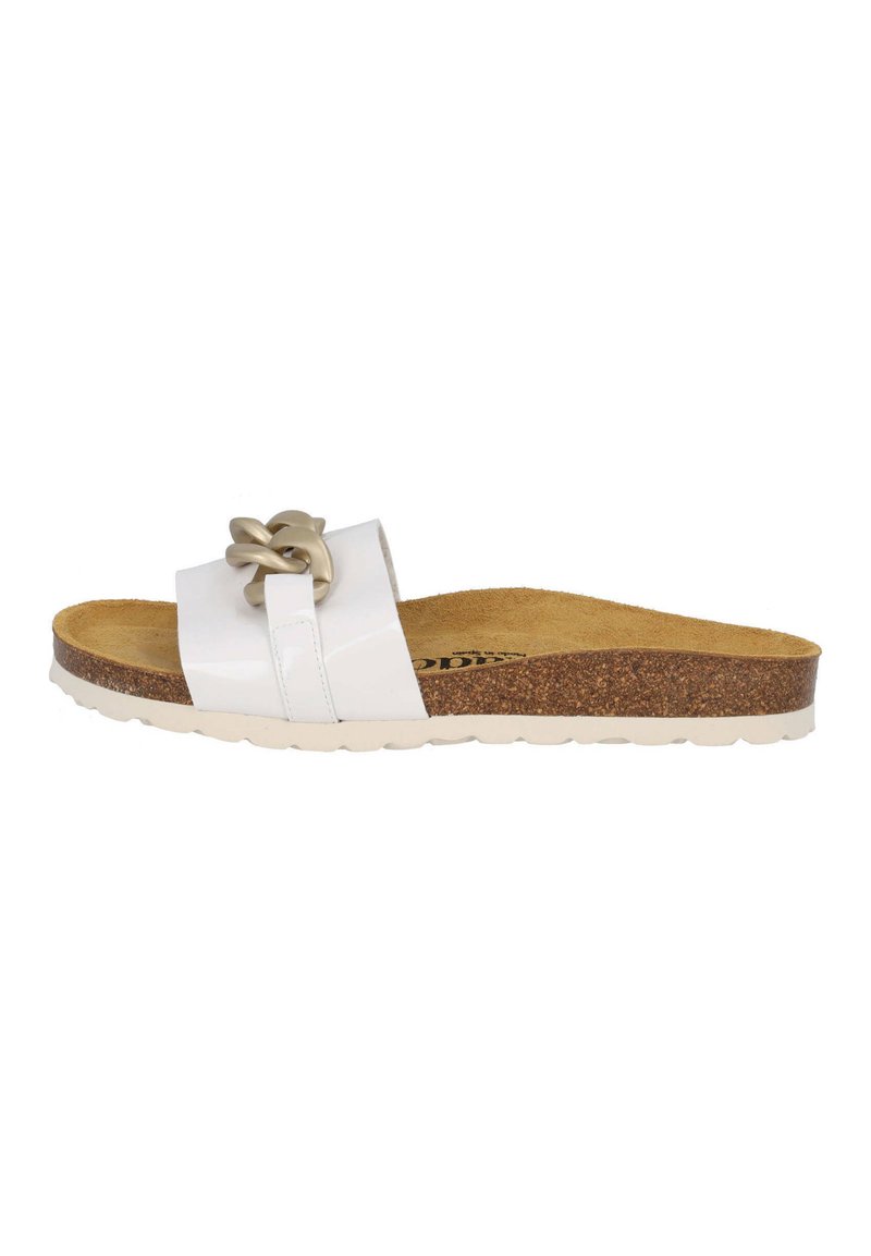 Sandal in pelle bianca con finitura lucida, caratterizzata da un nodo decorativo beige. Il plantare in sughero contrasta con la suola in gomma bianca.