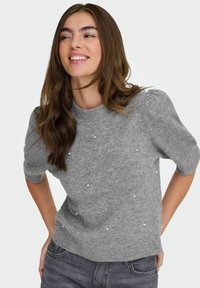 Gray knitted sweater with short puff sleeves, featuring small decorative pearl accents on the front and a round neckline.