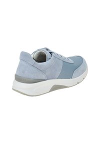 Light blue sneaker featuring a mesh and suede upper, lace-up design, padded collar, and a textured white sole. Subtle logo on the heel.