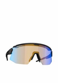 Occhiali da sole sportivi con montatura nera, grandi lenti curvate a gradiente blu e arancione e cuscinetti nasali regolabili in gomma per il comfort.