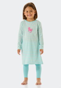 Türkise gestreifte Nachthemd mit langen Ärmeln, ausgestattet mit einem pinken Einhorn-Motiv auf der Brust, kombiniert mit passenden türkisen Leggings.