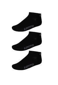 Zwarte enkelsokken van zacht materiaal, met een lage snit en een grijs "LOTTO" logo aan de zijkant. Drie paar verticaal gepresenteerd.