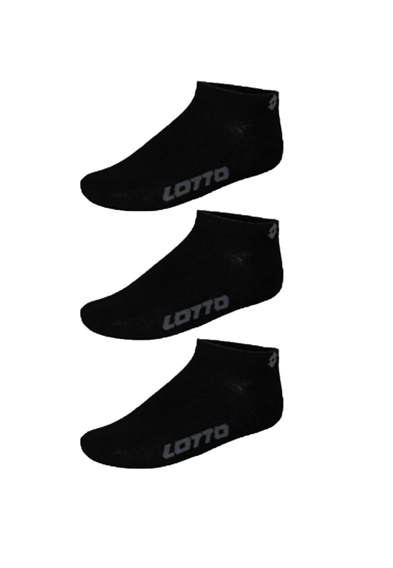 Zwarte enkelsokken van zacht materiaal, met een lage snit en een grijs "LOTTO" logo aan de zijkant. Drie paar verticaal gepresenteerd.