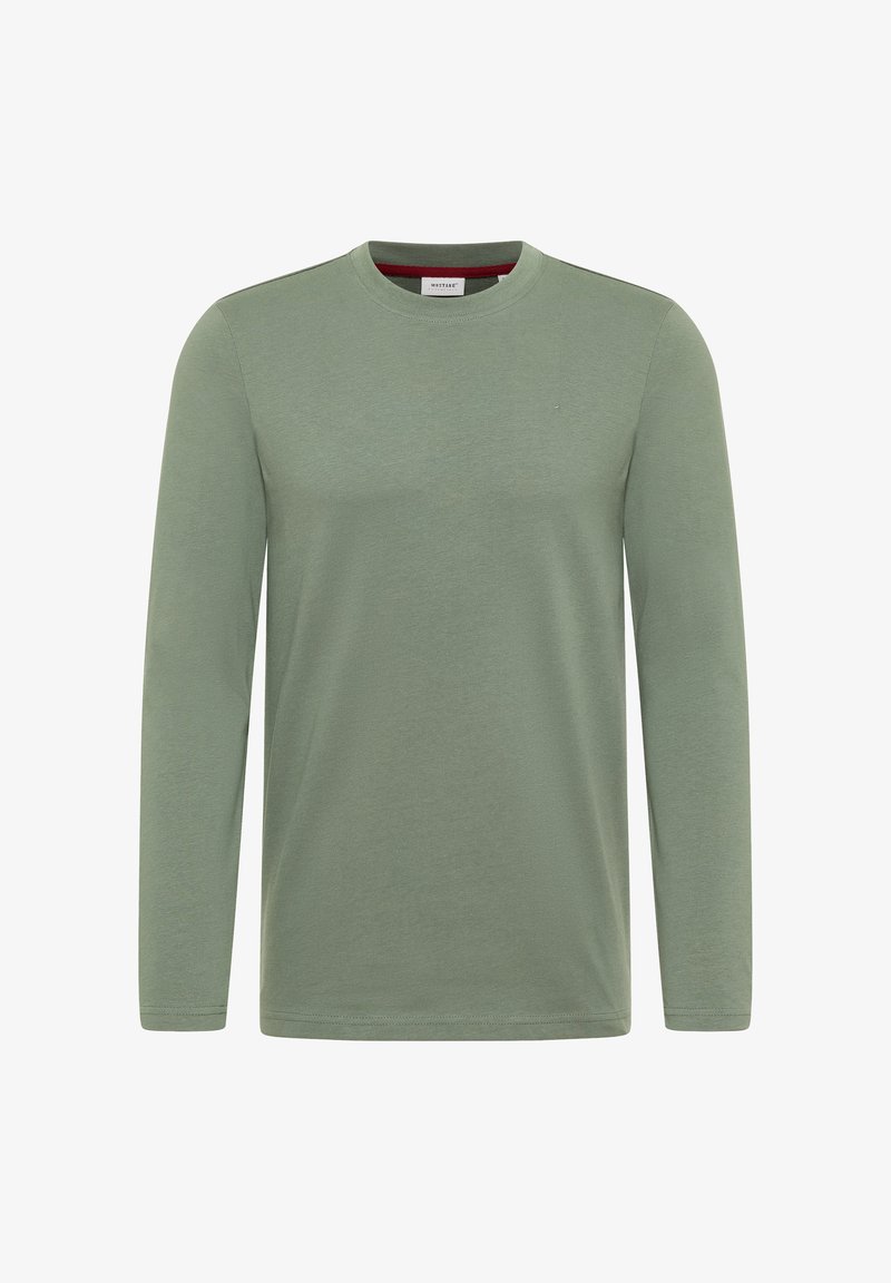 Long-sleeve shirt in light green cotton with a crew neckline. Features a simple design with no patterns or accents.