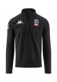Pullover nero a zip quarti realizzato in tessuto leggero, con logo Kappa e patch della squadra sciistica americana. Maniche lunghe con una texture liscia.