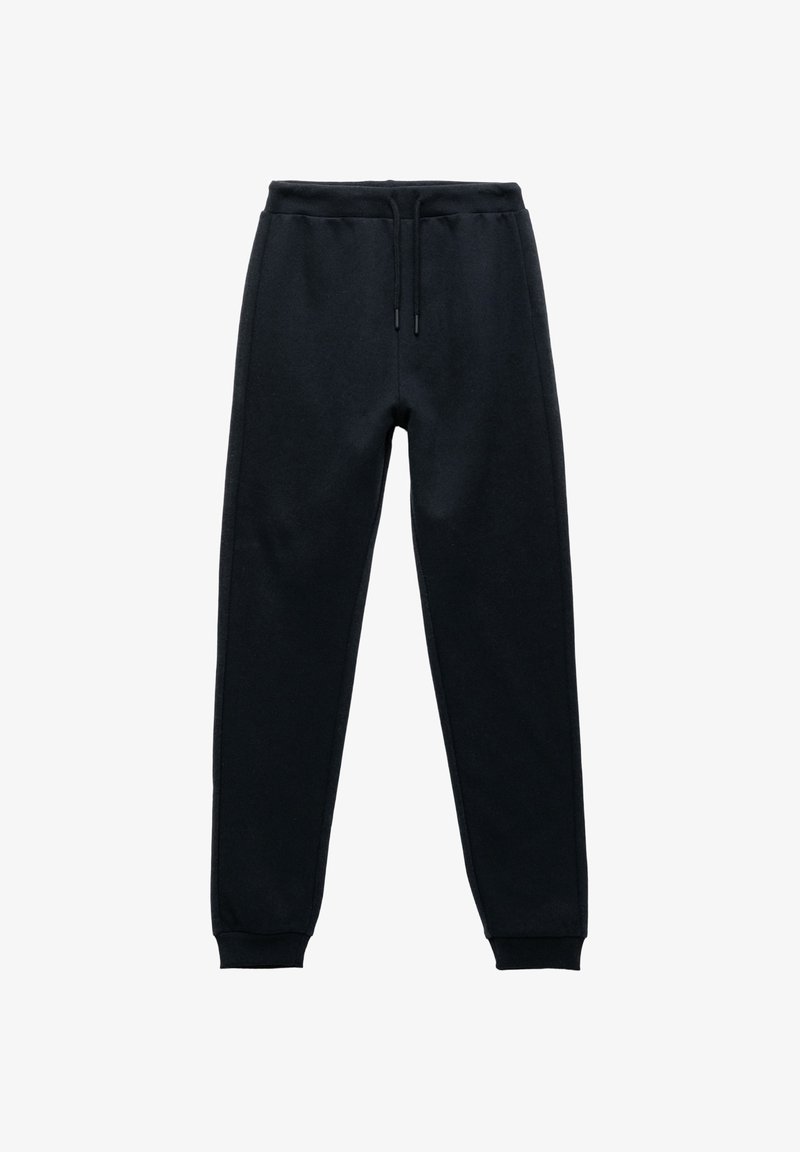 Black sweatpants with a relaxed fit, made of soft cotton blend material, featuring an elastic waistband and cuffed ankles.
