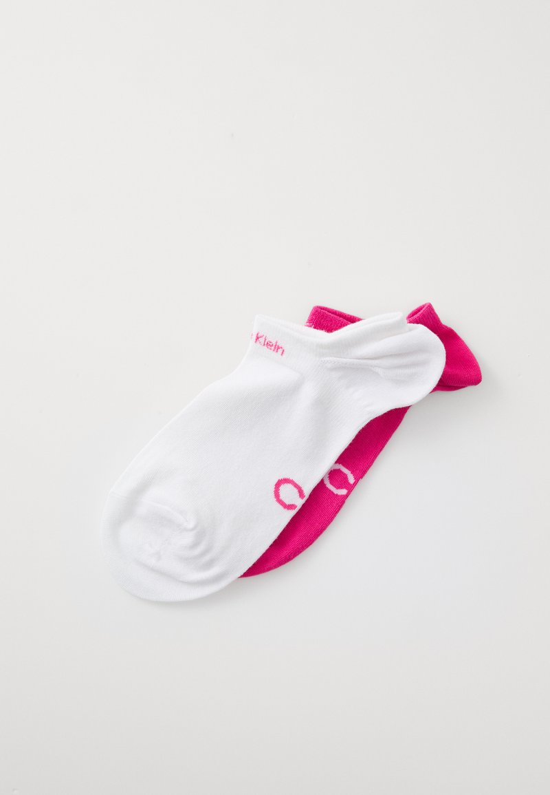 Pair of ankle socks: one white with pink logo, one solid pink. Cotton blend, smooth texture, lightweight, simple design.