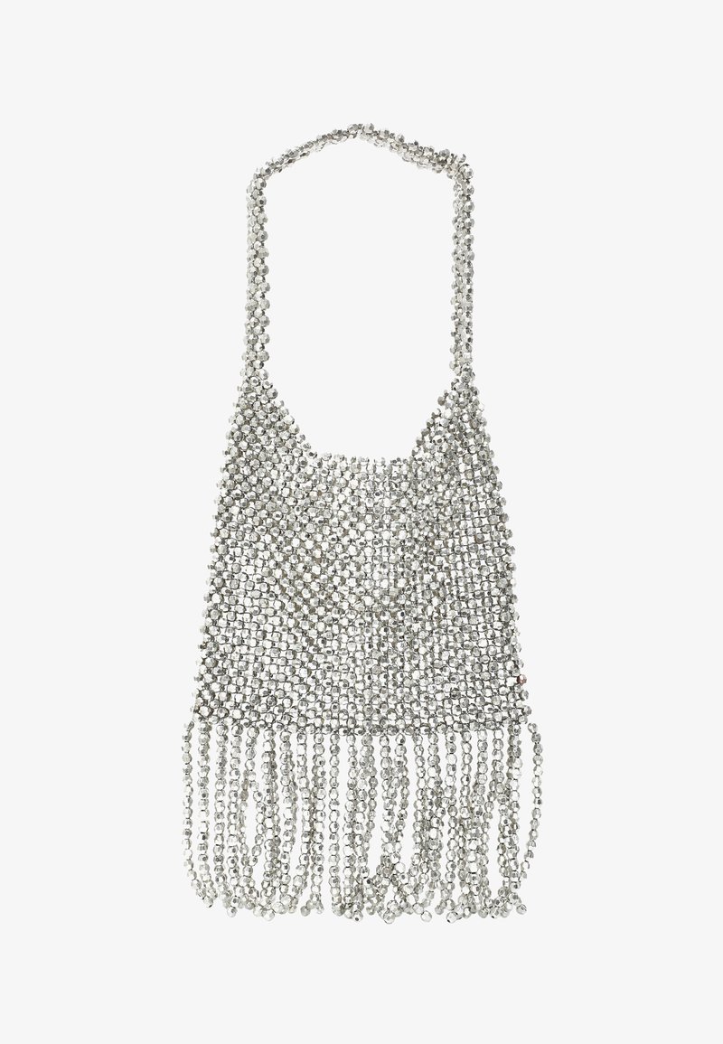 Silver beaded handbag with a mesh design, featuring a fringed bottom. Equipped with a thin chain strap, it has a textured, reflective surface.