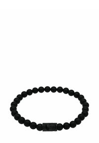 Bracciale nero con perline che presenta perline rotonde nere opache e un centrale nero testurizzato, progettato per adattarsi comodamente al polso.