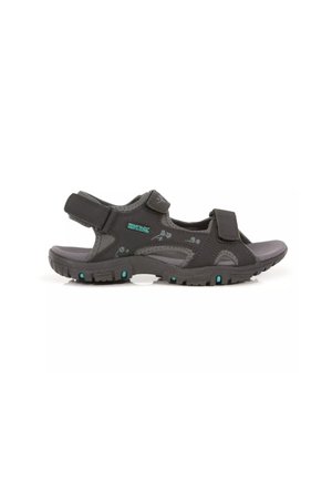 Sandalia exterior gris oscuro con tiras de velcro ajustables y suela resistente, con el logo de Regatta en el lateral.