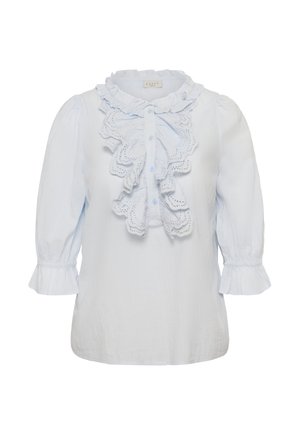 Hele sinine pluus 3/4 pikkuste pööratud varrukatega, ees pitsi rüüsidega detail, nööpidega kinnitatav ja rüüsidega mansettidega.