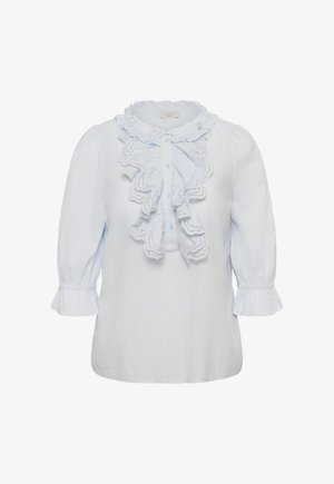 Hele sinine pluus 3/4 pikkuste pööratud varrukatega, ees pitsi rüüsidega detail, nööpidega kinnitatav ja rüüsidega mansettidega.