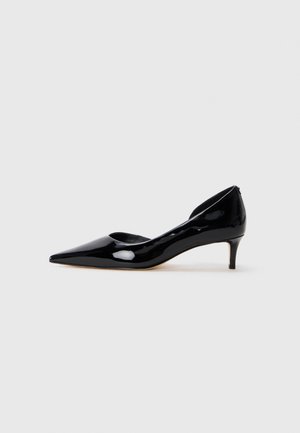 Black patent leather women's pointed-toe kitten heel shoe with low heel, shown in profile on plain light grey background.