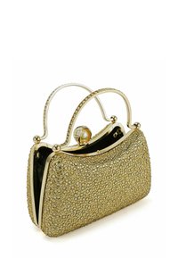 Goldfarbene Abendhandtasche mit strukturierter Oberfläche, bedeckt mit Strasssteinen, metallischen Akzenten und einer runden Oberseite mit zwei Griffen.