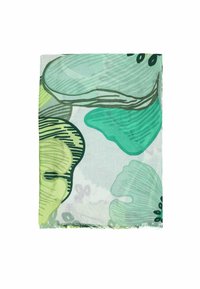 Sciarpa leggera con motivo floreale in tonalità di verde e blu su uno sfondo chiaro, con bordi sfilacciati che aggiungono texture.