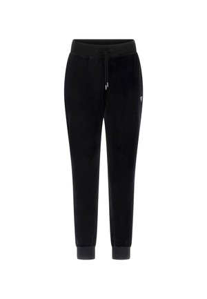 Zwarte fleece joggers met een elastische tailleband, trekkoord, ribbelmanchetten en een zijzak met een logo op het been.
