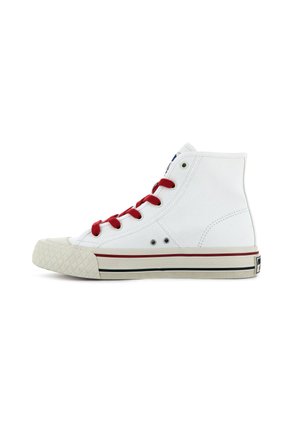White high-top sneakers with red laces and eyelets, rubber toe cap, textured white sole, and contrasting red and black stripe around the base.