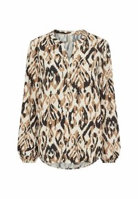 Blouse à manches longues en imprimé léopard multicolore, avec un décolleté fendu et des poignets froncés, fabriquée en tissu léger.