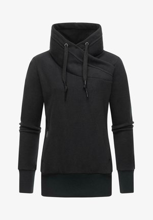 Felpa nera in pile con collo alto a barchetta, cordini e maniche lunghe. Presenta un orlo inferiore e tasche laterali in verde scuro a contrasto.