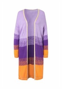 Neulejakku, jossa on kevyt rakenne, vaakasuorat raidoitukset laventelin, violetin ja oranssin sävyissä, kehystetty vaaleanbeige reunuksella.