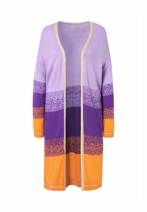 Cardigan a maglia con una texture leggera, caratterizzato da strisce orizzontali in lavanda, viola e arancione, impreziosito da un bordo beige.