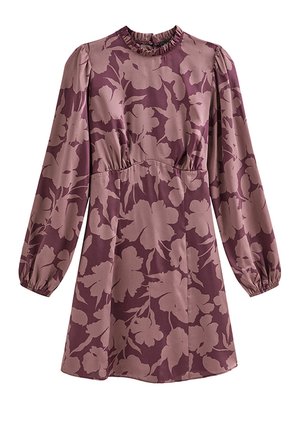 Vestito a maniche lunghe fino al ginocchio con motivo floreale malva, collo alto arricciato, spalle a sbuffo e vita raccolta.