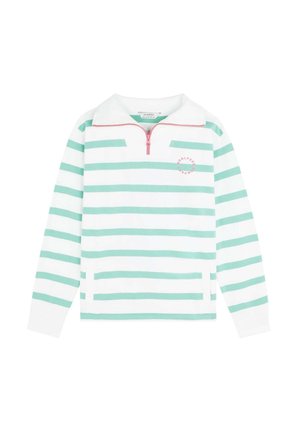 Haut à manches longues, pull-over avec des rayures horizontales vert menthe et blanches, une fermeture éclair quart et un logo circulaire sur la poitrine gauche.