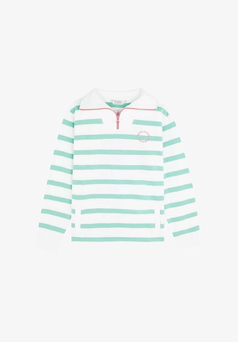 Haut à manches longues, pull-over avec des rayures horizontales vert menthe et blanches, une fermeture éclair quart et un logo circulaire sur la poitrine gauche.