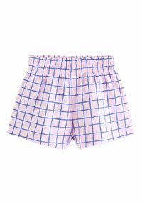 Shorts en tissu rose clair avec un motif à carreaux bleu, dotés d'une ceinture élastique et d'une coupe décontractée. Texture lisse et longueur au-dessus du genou.