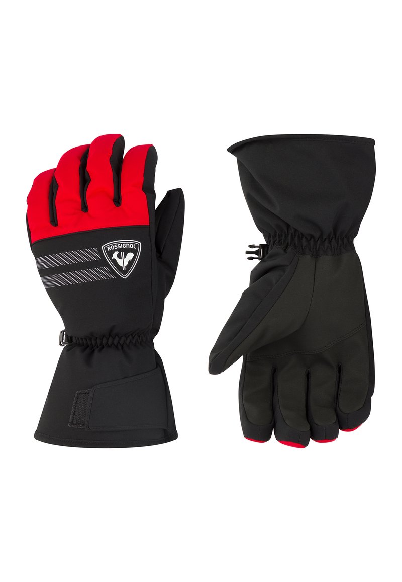 Černé a červené zimní rukavice s voděodolným povrchem, nastavitelnými manžetami a texturovaným úchopem. Obsahují logo a reflexní pruhy pro lepší viditelnost.