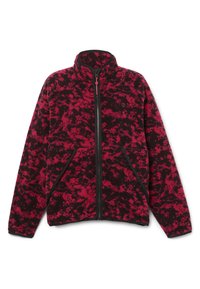 Giacca in pile con un motivo astratto in nero e rosso, colletto alto, zip frontale e due tasche laterali con finitura a contrasto.
