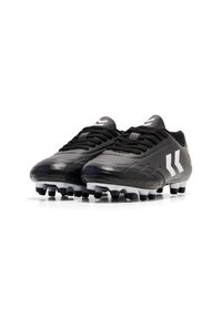 Zwarte voetbalschoenen met een strakke, glanzende afwerking. Textuur bovenkant met zwarte veters en witte accenten. Gestikte rubberen zolen voor grip.
